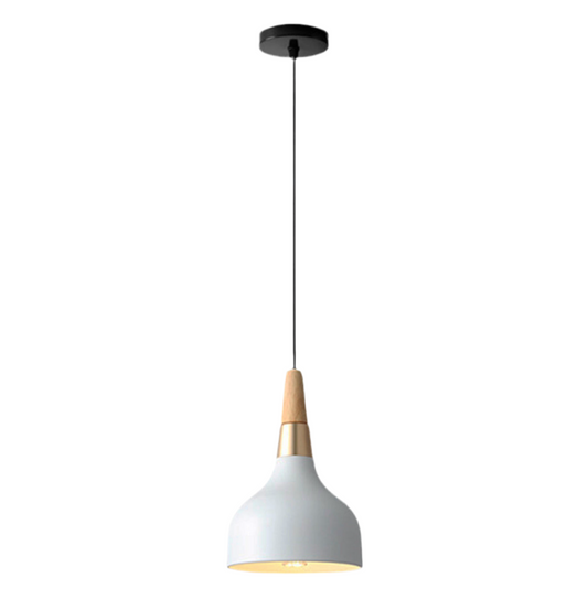 Lámpara colgante blanca detalle madera