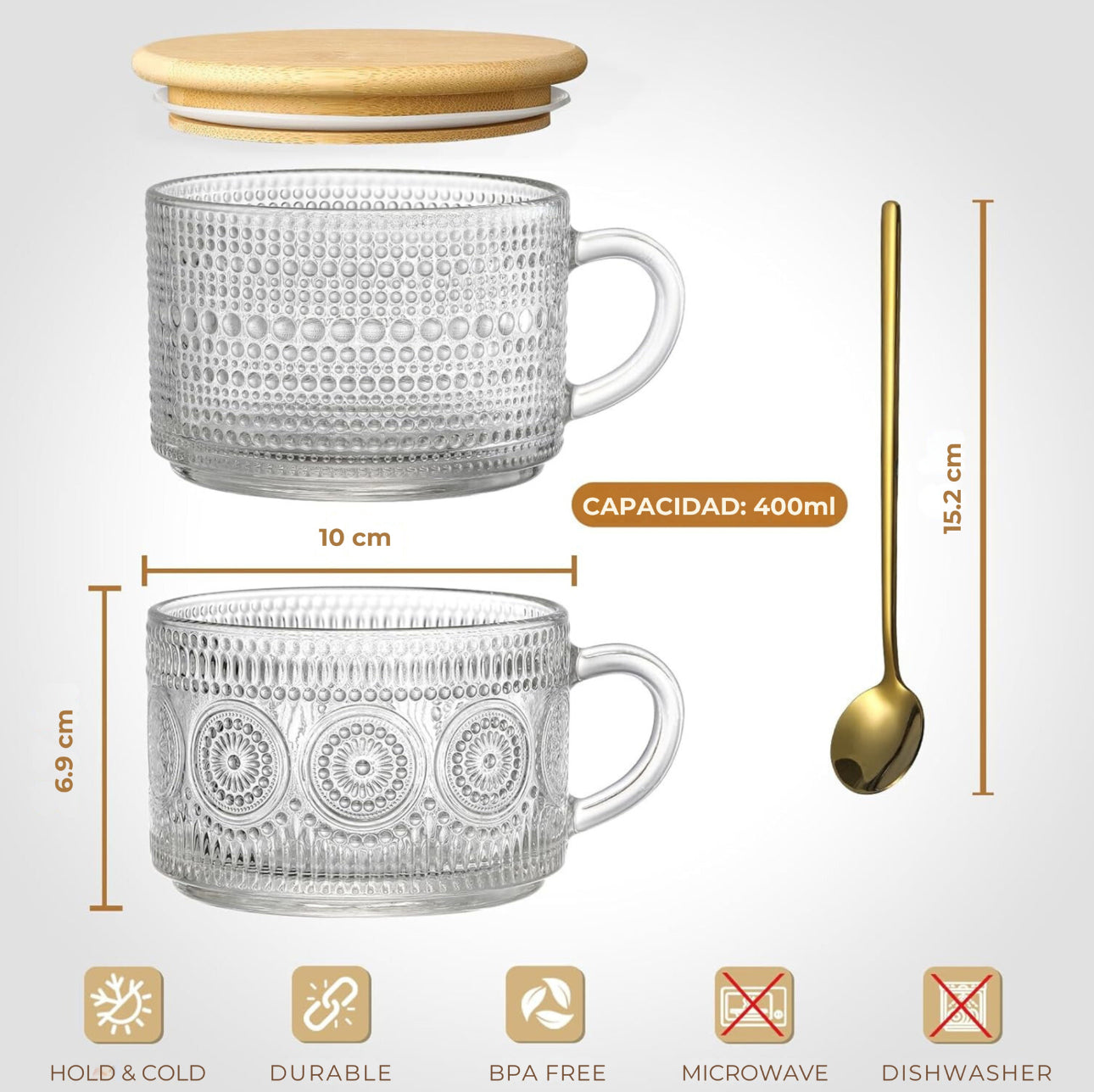 Set 4 Tazas Vidrio con Tapa Bambú