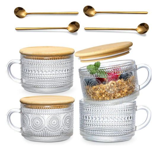 Set 4 Tazas Vidrio con Tapa Bambú