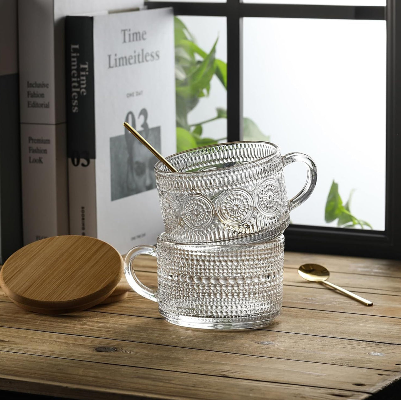 Set 4 Tazas Vidrio con Tapa Bambú