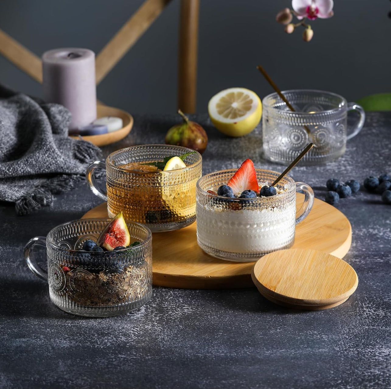 Set 4 Tazas Vidrio con Tapa Bambú
