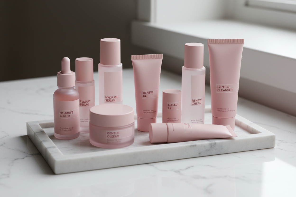 skincare para mujer simple con tonos rosa pastel, en una bandeja de marmol,  sin otras cosas